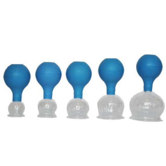 5 delige glazen cuppingset met balpomp 2,3,4,5, 6 cm blauw