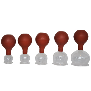 5 delige glazen cuppingset met balpomp 2,3,4,5, 6 cm bruin
